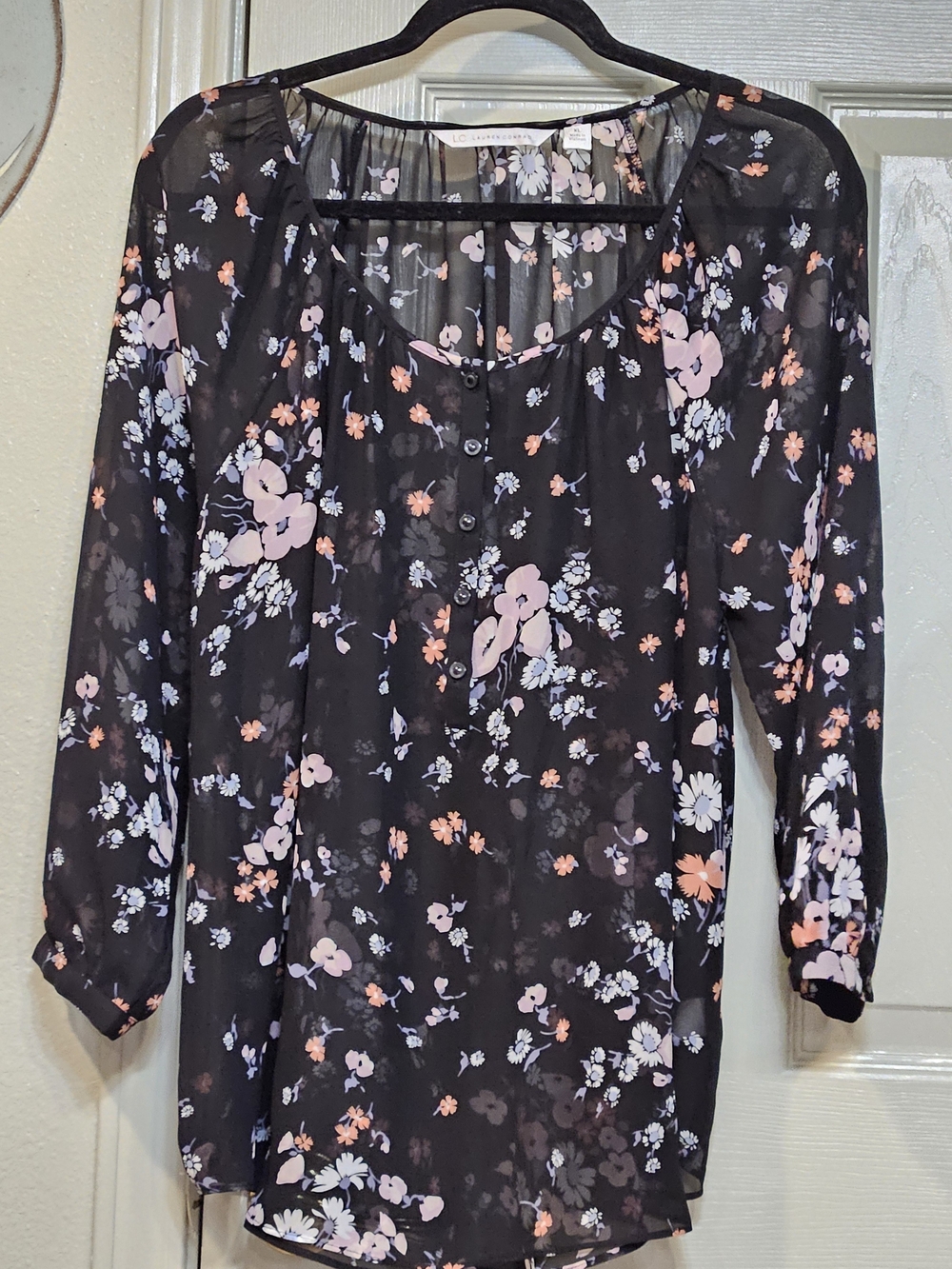 LC Lauren Conrad Black Sheer Floral Henley Blouse with Pink and Lavender Flowers